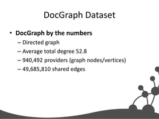 DocGraph Dataset
• DocGraph by the numbers
– Directed graph
– Average total degree 52.8
– 940,492 providers (graph nodes/vertices)
– 49,685,810 shared edges

 