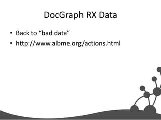 DocGraph RX Data
• Back to “bad data”
• http://www.albme.org/actions.html

 