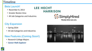 Timeline
Beta Launch!
• November 8, 2013
• Greater Boston Area
• All Job Categories and Industries

City Expansion
• Spring 2014
• All Job Categories and Industries

New Features (Coming Soon!)
• Research College Majors
• Career Path Explorer

 