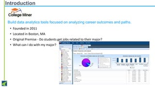 Introduction

Build data analytics tools focused on analyzing career outcomes and paths.
• Founded in 2011
• Located in Boston, MA
• Original Premise - Do students get jobs related to their major?
• What can I do with my major?

 