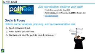 New Tool
Live your passion, discover your path!
• Private Beta Launched in May 2013
• Public Beta Launch on November 8, 2013 in Boston, MA
• www.patheer.com

Goals & Focus
Holistic career analysis, planning, and recommendation tool.
1. Don’t get weeded out
2. Avoid painful job searches
3. Discover and plan the path to your dream career

 