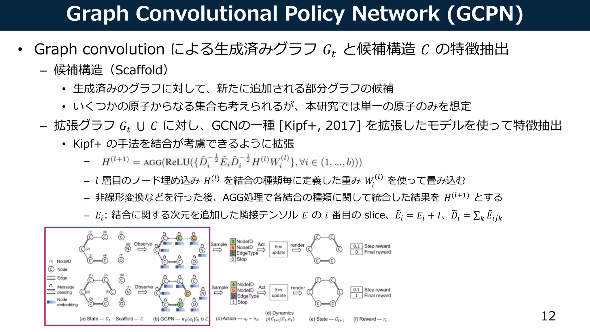 Graph Convolutional Policy Network (GCPN)
• Graph convolution による生成済みグラフ 𝐺𝑡 と候補構造 𝐶 の特徴抽出
– 候補構造（Scaffold）
• 生成済みのグラフに対して、新たに追加される部分グラフの候補
• いくつかの原子からなる集合も考えられるが、本研究では単一の原子のみを想定
– 拡張グラフ 𝐺𝑡 𝐶 に対し、GCNの一種 [Kipf+, 2017] を拡張したモデルを使って特徴抽出
• Kipf+ の手法を結合が考慮できるように拡張
–
– 𝑙 層目のノード埋め込み 𝐻(𝑙)
を結合の種類毎に定義した重み 𝑊𝑖
(𝑙)
を使って畳み込む
– 非線形変換などを行った後、AGG処理で各結合の種類に関して統合した結果を 𝐻(𝑙+1)
とする
– 𝐸𝑖: 結合に関する次元を追加した隣接テンソル 𝐸 の 𝑖 番目の slice、 𝐸𝑖 = 𝐸𝑖 + 𝐼、 𝐷𝑖 = 𝑘 𝐸𝑖𝑗𝑘
12
In this section weformulate theproblem of graph generation aslearning an RL agent that iteratively
adds substructures and edges to themolecular graph in achemistry-aware environment. Wedescribe
the problem deﬁnition, theenvironment design, and theGraph Convolutional Policy Network that
predicts adistribution of actions which areused to update thegraph being generated.
3.1 Problem Deﬁnition
Werepresent agraph G as(A, E, F ), where A 2 { 0, 1} n⇥n
istheadjacency matrix, and F 2 Rn⇥d
isthenodefeaturematrix assuming each nodehasd features. WedeﬁneE 2 { 0, 1} b⇥n ⇥n
to bethe
(discrete) edge-conditioned adjacency tensor, assuming there arebpossible edge types. Ei ,j ,k = 1 if
there exists an edgeof type i between nodes j and k, and A =
P b
i = 1 Ei . Our primary objectiveis
to generate graphs that maximize agiven property function S(G) 2 R, i.e., maximize EG0[S(G0
)],
where G0
isthegenerated graph, and S could beoneor multiple domain-speciﬁc statistics of interest.
It isalso of practical importanceto constrain our model with two main sources of prior knowledge.
(1) Generated graphs need to satisfy aset of hard constraints. (2) Weprovidethe model with aset of
example graphsG ⇠ pdat a(G), and would liketo incorporate such prior knowledge by regularizing
theproperty optimization objectivewith EG,G0[J (G, G0
)] under distancemetric J (·, ·). In thecaseof
molecule generation, theset of hard constraints isdescribed by chemical valency while thedistance
metric isan adversarially trained discriminator.
 