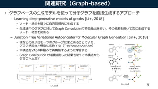 関連研究（Graph-based）
• グラフベースの生成モデルを使って分子グラフを直接生成するアプローチ
– Learning deep generative models of graphs [Li+, 2018]
• ノード・結合を順々に自己回帰的に生成する
• 生成途中のグラフに対してGraph Convolutionで特徴抽出を行い、その結果を用いて次に生成する
ノード・結合を決める
– Junction Tree Variational Autoencoder for Molecular Graph Generation [Jin+, 2018]
• 環などの原子団を一つのグループにまとめることにより、
グラフ構造を木構造に変換する（Tree decomposition）
• 木構造をVAEの枠組みで再構築するように学習する
• Graph Convolutionで特徴抽出した結果も使って木構造から
グラフへと戻す
9
Junction TreeVariational Autoencoder for Molecular Graph Generation
Figure 2. Comparison of two graph generation schemes: Structure
by structure approach is preferred asit avoids invalid intermediate
states (marked in red) encountered in node by node approach.
ond phase, the subgraphs (nodes in the tree) areassembled
together into acoherent molecular graph.
We evaluate our model on multiple tasks ranging from
molecular generation to optimization of a given molecule
according to desired properties. As baselines, we utilize
state-of-the-art SMILES-based generation approaches (Kus-
ner et al., 2017; Dai et al., 2018). We demonstrate that
our model produces 100% valid molecules when sampled
from a prior distribution, outperforming the top perform-
ing baseline by asigniﬁcant margin. In addition, weshow
that our model excels in discovering molecules with desired
properties, yielding a30% relativegain over the baselines.
2. Junction TreeVariational Autoencoder
Our approach extends the variational autoencoder (Kingma
Figure 3. Overview of our method: A molecular graph G is ﬁrst
decomposed into its junction tree TG , where each colored node in
the tree represents a substructure in the molecule. We then encode
both the tree and graph into their latent embeddings z and z .
Li+, 2018
Jin+, 2018
 