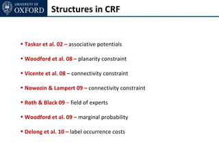 Structures in CRF


• Taskar et al. 02 – associative potentials

• Woodford et al. 08 – planarity constraint

• Vicente et al. 08 – connectivity constraint

• Nowozin & Lampert 09 – connectivity constraint

• Roth & Black 09 – field of experts

• Woodford et al. 09 – marginal probability

• Delong et al. 10 – label occurrence costs
 