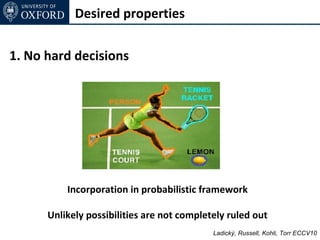 Desired properties

1. No hard decisions




          Incorporation in probabilistic framework

      Unlikely possibilities are not completely ruled out
                                            Ladický, Russell, Kohli, Torr ECCV10
 