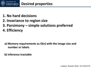Desired properties

1. No hard decisions
2. Invariance to region size
3. Parsimony – simple solutions preferred
4. Efficiency


 a) Memory requirements as O(n) with the image size and
    number or labels

 b) Inference tractable


                                           Ladický, Russell, Kohli, Torr ECCV10
 