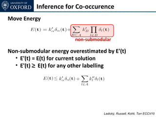 Inference for Co-occurence
Move Energy


                         non-submodular

Non-submodular energy overestimated by E'(t)
  • E'(t) = E(t) for current solution
  • E'(t) ≥ E(t) for any other labelling




                                    Ladický, Russell, Kohli, Torr ECCV10
 