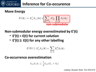 Inference for Co-occurence
Move Energy


                         non-submodular

Non-submodular energy overestimated by E'(t)
  • E'(t) = E(t) for current solution
  • E'(t) ≥ E(t) for any other labelling



Co-occurrence overestimation


                                    Ladický, Russell, Kohli, Torr ECCV10
 