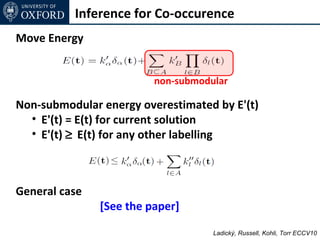 Inference for Co-occurence
Move Energy


                         non-submodular

Non-submodular energy overestimated by E'(t)
  • E'(t) = E(t) for current solution
  • E'(t) ≥ E(t) for any other labelling



General case
               [See the paper]

                                    Ladický, Russell, Kohli, Torr ECCV10
 