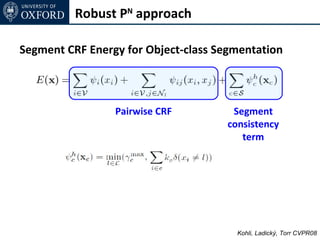 Robust PN approach

Segment CRF Energy for Object-class Segmentation



                 Pairwise CRF         Segment
                                     consistency
                                        term




                                       Kohli, Ladický, Torr CVPR08
 