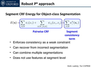 Robust PN approach

Segment CRF Energy for Object-class Segmentation



                  Pairwise CRF            Segment
                                        consistency
                                            term
  • Enforces consistency as a weak constraint
  • Can recover from incorrect segmentation
  • Can combine multiple segmentations
  • Does not use features at segment level

                                             Kohli, Ladický, Torr CVPR08
 