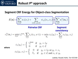 Robust PN approach

Segment CRF Energy for Object-class Segmentation



                 Pairwise CRF           Segment
                                       consistency
                                          term




where



                                   Ladický, Russell, Kohli, Torr ICCV09
 