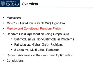 Overview


• Motivation
• Min-Cut / Max-Flow (Graph Cut) Algorithm
• Markov and Conditional Random Fields
• Random Field Optimisation using Graph Cuts
     • Submodular vs. Non-Submodular Problems
     • Pairwise vs. Higher Order Problems
     • 2-Label vs. Multi-Label Problems
• Recent Advances in Random Field Optimisation
• Conclusions
 