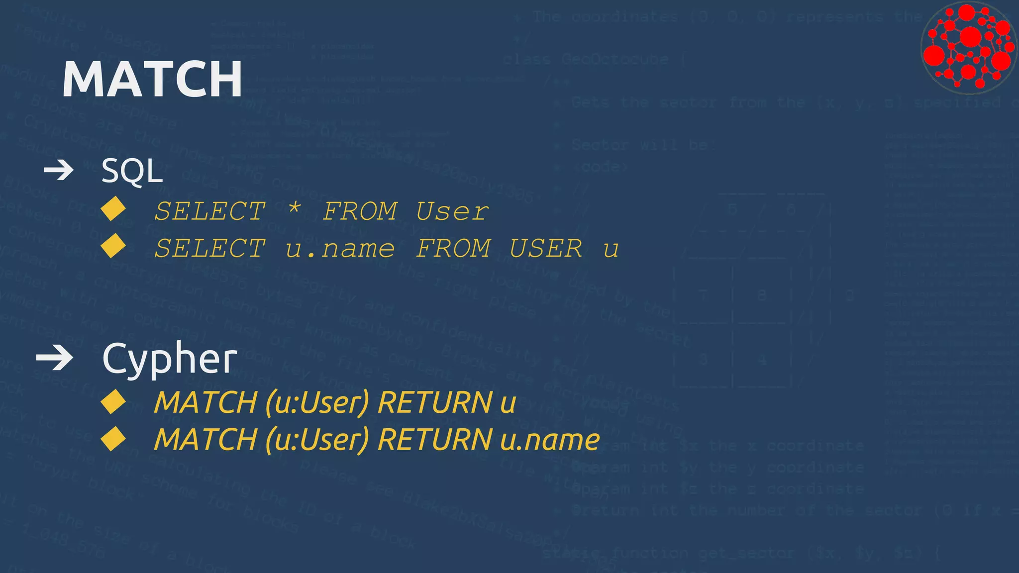 MATCH
➔ SQL
◆ SELECT * FROM User
◆ SELECT u.name FROM USER u
➔ Cypher
◆ MATCH (u:User) RETURN u
◆ MATCH (u:User) RETURN u.name
 