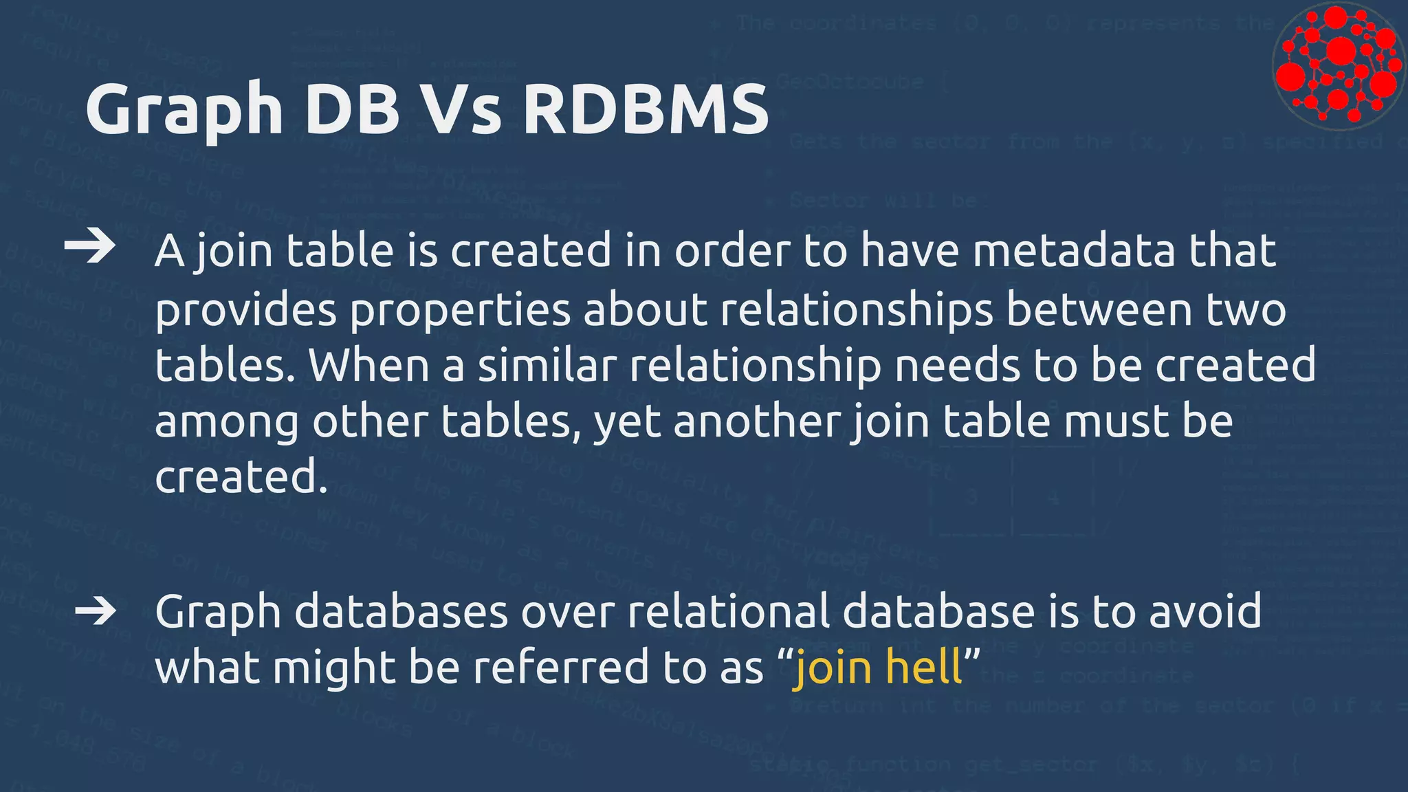Graph DB Vs RDBMS
➔ A join table is created in order to have metadata that
provides properties about relationships between two
tables. When a similar relationship needs to be created
among other tables, yet another join table must be
created.
➔ Graph databases over relational database is to avoid
what might be referred to as “join hell”
 