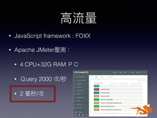 • JavaScript framework : FOXX
• Apache JMeter
• 4 CPU+32G RAM
• uery 2000 /
• 2 /
 