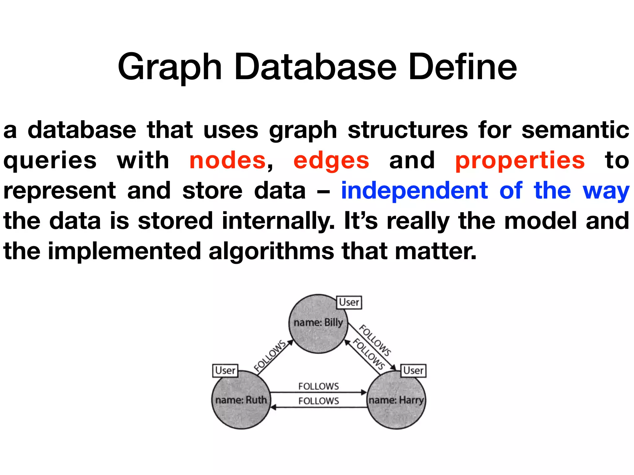 Graph Database Define
a database that uses graph structures for semantic
queries with nodes, edges and properties to
represent and store data – independent of the way
the data is stored internally. It’s really the model and
the implemented algorithms that matter.