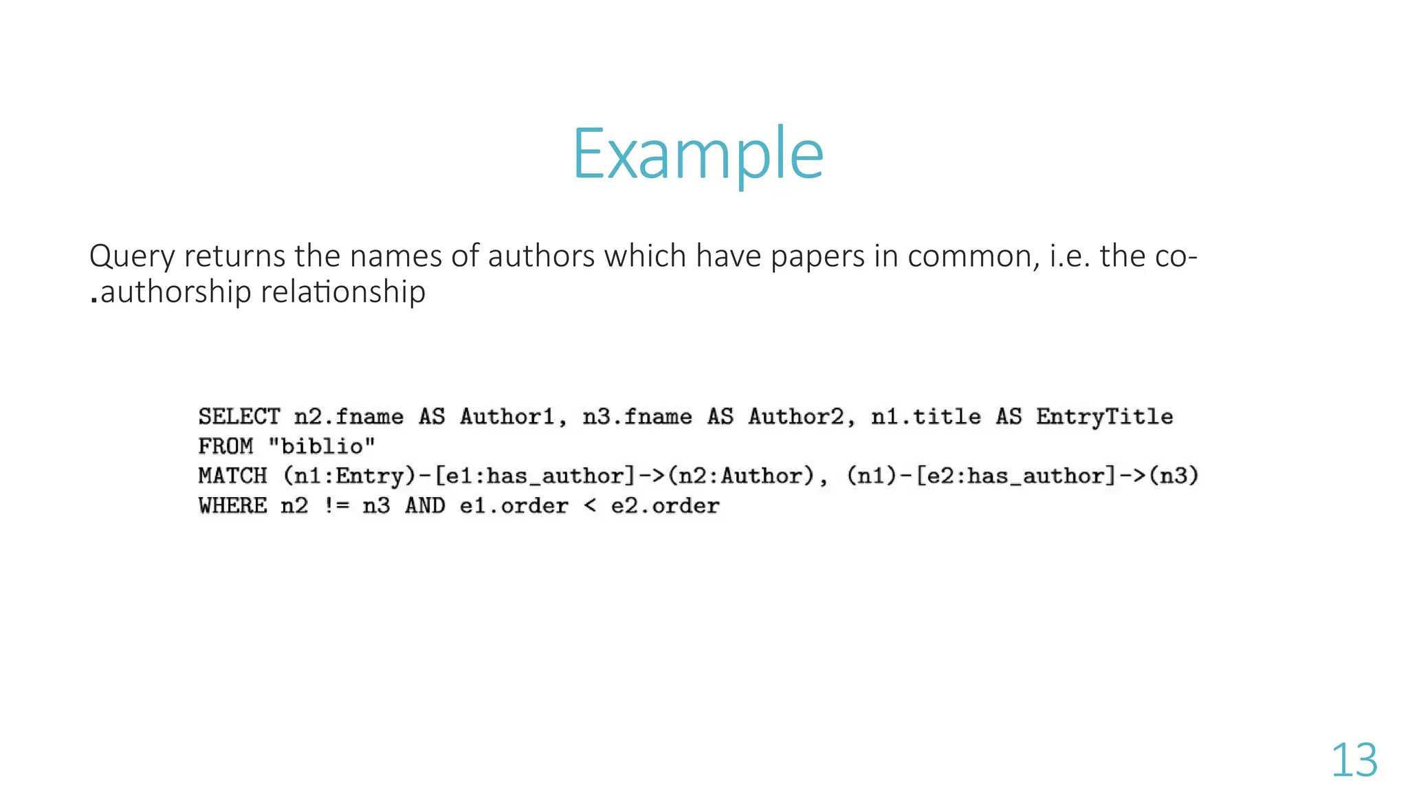 Example
Query returns the names of authors which have papers in common, i.e. the co-
authorship relationship
.
13
 