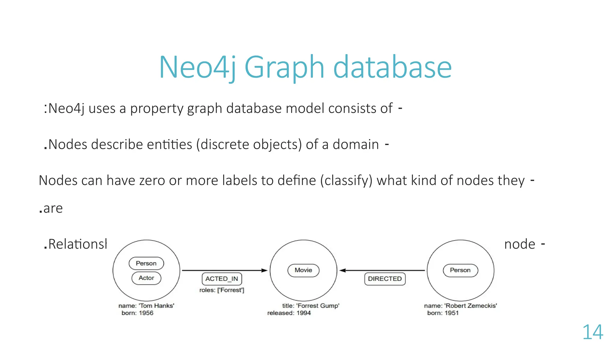 Neo4j Graph database
-
Neo4j uses a property graph database model consists of
:
-
Nodes describe entities (discrete objects) of a domain
.
-
Nodes can have zero or more labels to define (classify) what kind of nodes they
are
.
-
Relationships describes a connection between a source node and a target node
.
14
 