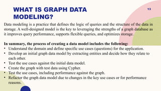 13
WHAT IS GRAPH DATA
MODELING?
Data modeling is a practice that defines the logic of queries and the structure of the data in
storage. A well-designed model is the key to leveraging the strengths of a graph database as
it improves query performance, supports flexible queries, and optimizes storage.
In summary, the process of creating a data model includes the following:
• Understand the domain and define specific use cases (questions) for the application.
• Develop an initial graph data model by extracting entities and decide how they relate to
each other.
• Test the use cases against the initial data model.
• Create the graph with test data using Cypher.
• Test the use cases, including performance against the graph.
• Refactor the graph data model due to changes in the key use cases or for performance
reasons.
 