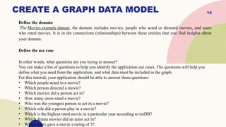 14
CREATE A GRAPH DATA MODEL
Define the domain
The Movies example dataset, the domain includes movies, people who acted or directed movies, and users
who rated movies. It is in the connections (relationships) between these entities that you find insights about
your domain.
Define the use case
In other words, what questions are you trying to answer?
You can make a list of questions to help you identify the application use cases. The questions will help you
define what you need from the application, and what data must be included in the graph.
For this tutorial, your application should be able to answer these questions:
• Which people acted in a movie?
• Which person directed a movie?
• Which movies did a person act in?
• How many users rated a movie?
• Who was the youngest person to act in a movie?
• Which role did a person play in a movie?
• Which is the highest rated movie in a particular year according to imDB?
• Which drama movies did an actor act in?
• Which users gave a movie a rating of 5?
 