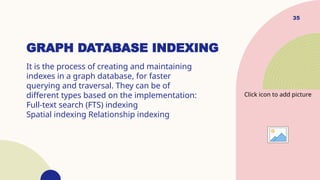 35
GRAPH DATABASE INDEXING
It is the process of creating and maintaining
indexes in a graph database, for faster
querying and traversal. They can be of
different types based on the implementation:
Full-text search (FTS) indexing
Spatial indexing Relationship indexing
Click icon to add picture
 