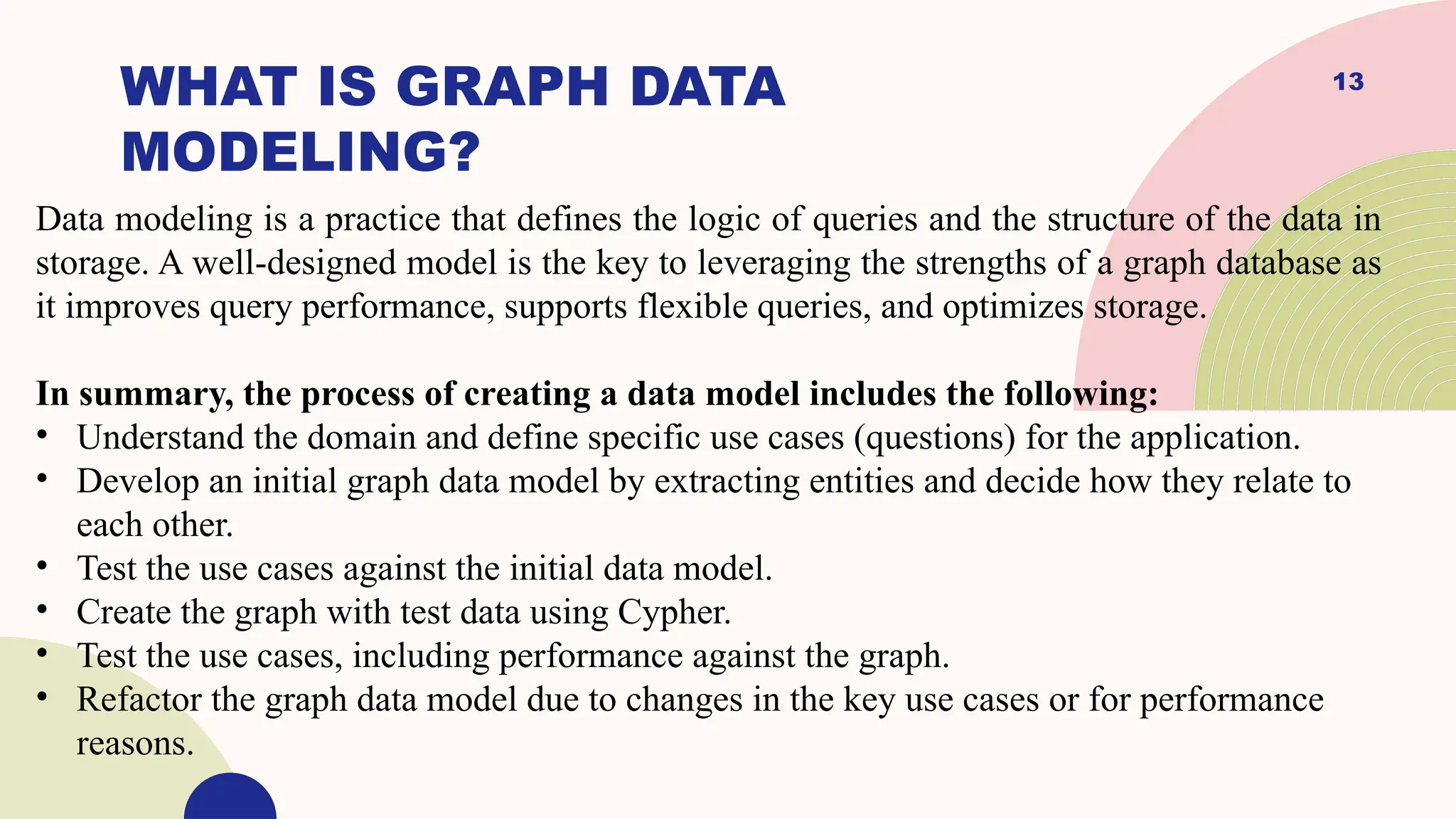 13
WHAT IS GRAPH DATA
MODELING?
Data modeling is a practice that defines the logic of queries and the structure of the data in
storage. A well-designed model is the key to leveraging the strengths of a graph database as
it improves query performance, supports flexible queries, and optimizes storage.
In summary, the process of creating a data model includes the following:
• Understand the domain and define specific use cases (questions) for the application.
• Develop an initial graph data model by extracting entities and decide how they relate to
each other.
• Test the use cases against the initial data model.
• Create the graph with test data using Cypher.
• Test the use cases, including performance against the graph.
• Refactor the graph data model due to changes in the key use cases or for performance
reasons.
 