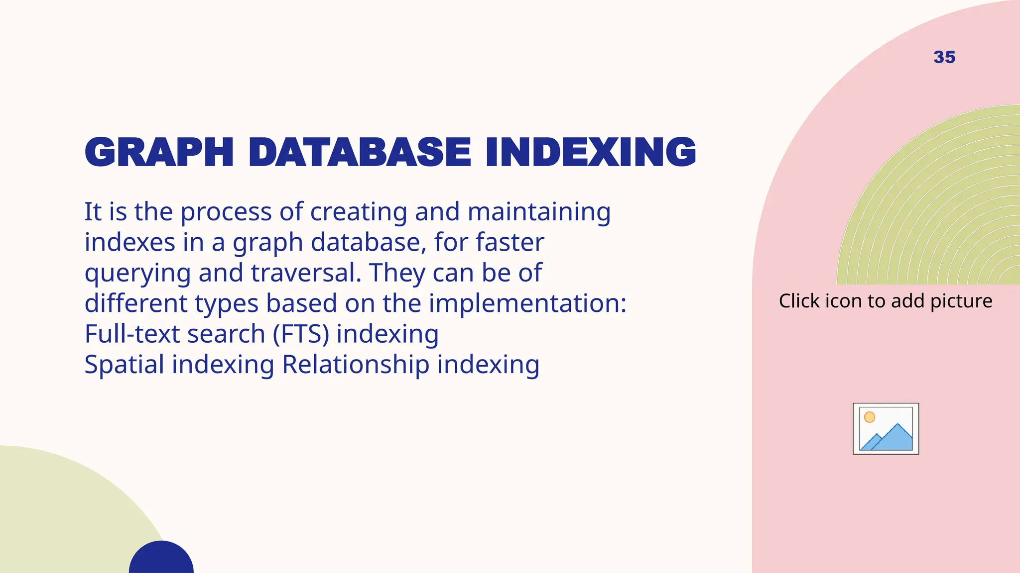 35
GRAPH DATABASE INDEXING
It is the process of creating and maintaining
indexes in a graph database, for faster
querying and traversal. They can be of
different types based on the implementation:
Full-text search (FTS) indexing
Spatial indexing Relationship indexing
Click icon to add picture
 