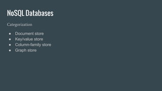 NoSQL Databases
Categorization
● Document store
● Key/value store
● Column-family store
● Graph store
 