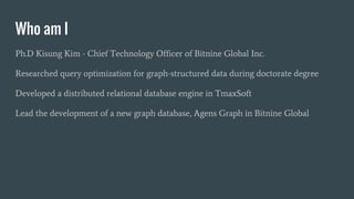 Who am I
Ph.D Kisung Kim - Chief Technology Officer of Bitnine Global Inc.
Researched query optimization for graph-structured data during doctorate degree
Developed a distributed relational database engine in TmaxSoft
Lead the development of a new graph database, Agens Graph in Bitnine Global
 