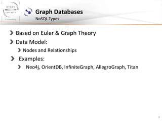 Graph Databases
NoSQL Types

Based on Euler & Graph Theory
Data Model:
Nodes and Relationships

Examples:
Neo4j, OrientDB, InfiniteGraph, AllegroGraph, Titan

8

 