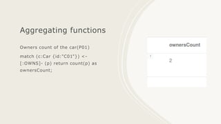 Aggregating functions
Owners count of the car(P01)
match (c:Car {id:"C01"}) <-
[:OWNS]- (p) return count(p) as
ownersCount;
 