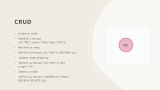 CRUD
• Create a node
• CREATE (:Person
{id:"P01",name:"John",age:"20"});
• Retrieve a node
• MATCH (p:Person {id:"P01"}) RETURN (p)
• Update node property
• MATCH (p:Person {id:"P01"}) SET
p.age="25";
• Delete a node
• MATCH (p:Person) WHERE id="P001"
DETACH DELETE (p);
 