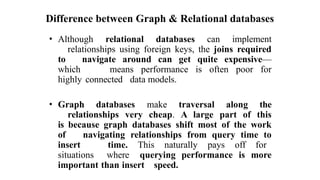 Difference between Graph & Relational databases
• Although relational databases can implement
relationships using foreign keys, the joins required
to navigate around can get quite expensive—
which means performance is often poor for
highly connected data models.
• Graph databases make traversal along the
relationships very cheap. A large part of this
is because graph databases shift most of the work
of navigating relationships from query time to
insert time. This naturally pays off for
situations where querying performance is more
important than insert speed.
 