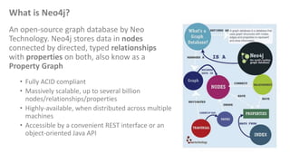 What is Neo4j? 
An open-source graph database by Neo 
Technology. Neo4j stores data in nodes 
connected by directed, typed...