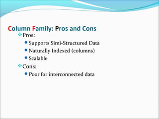 Column Family: Pros and Cons
Pros:
Supports Simi-Structured Data
Naturally Indexed (columns)
Scalable
Cons:
Poor for interconnected data
 