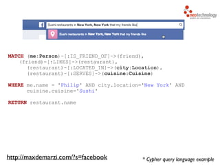 MATCH (me:Person)-[:IS_FRIEND_OF]->(friend),
(friend)-[:LIKES]->(restaurant),
(restaurant)-[:LOCATED_IN]->(city:Location),
(restaurant)-[:SERVES]->(cuisine:Cuisine)
!
WHERE me.name = 'Philip' AND city.location='New York' AND
cuisine.cuisine='Sushi'
!
RETURN restaurant.name
* Cypher query language examplehttp://maxdemarzi.com/?s=facebook
 