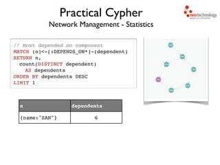 Network Management - Statistics
// Most depended on component!
MATCH (n)<-[:DEPENDS_ON*]-(dependent)!
RETURN n, !
count(DISTINCT dependent) !
AS dependents!
ORDER BY dependents DESC!
LIMIT 1
Practical Cypher
n dependents
{name:"SAN"} 6
 