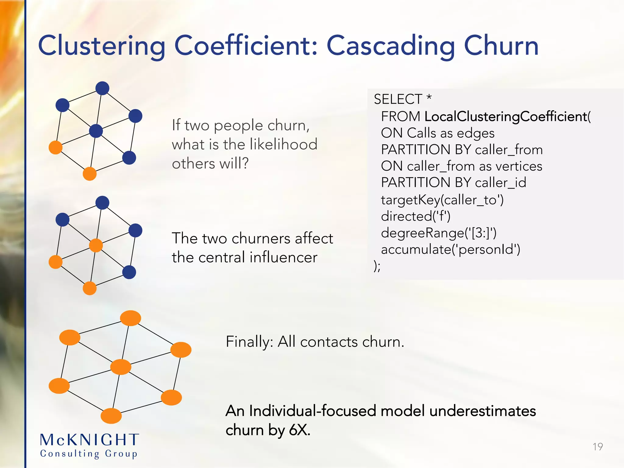 Clustering Coefficient: Cascading Churn 19 If two people churn, what is the likelihood others will? The two churners affect the central influencer Finally: All contacts churn. An Individual-focused model underestimates churn by 6X. SELECT * FROM LocalClusteringCoefficient( ON Calls as edges PARTITION BY caller_from ON caller_from as vertices PARTITION BY caller_id targetKey(caller_to') directed('f') degreeRange('[3:]') accumulate('personId') ); 