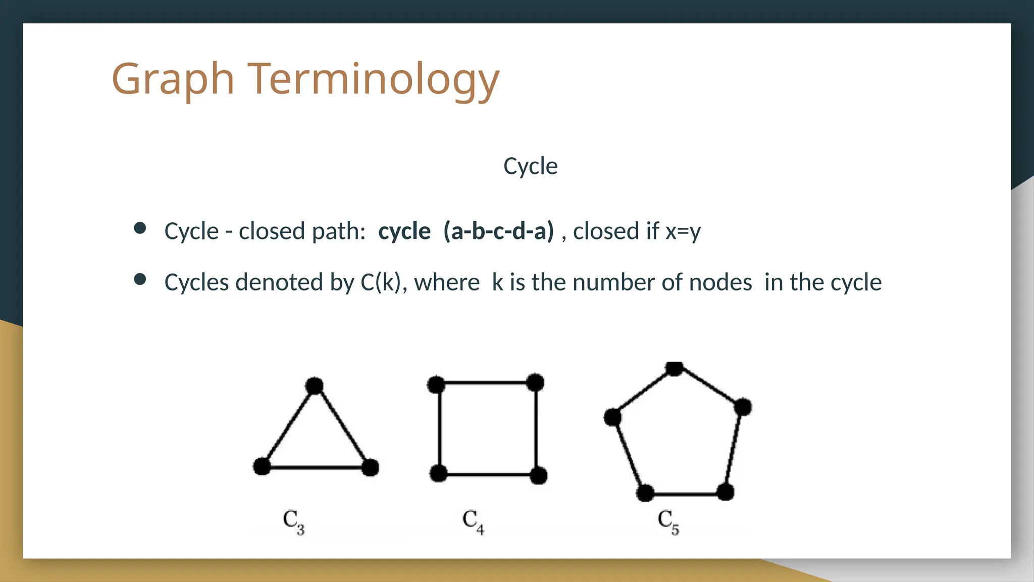 Graph Terminology
Cycle
● Cycle - closed path: cycle (a-b-c-d-a) , closed if x=y
● Cycles denoted by C(k), where k is the number of nodes in the cycle
 