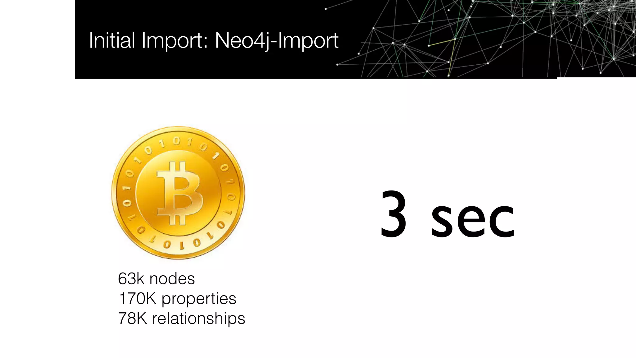 Initial Import: Neo4j-Import
3 sec
63k nodes
170K properties
78K relationships
 