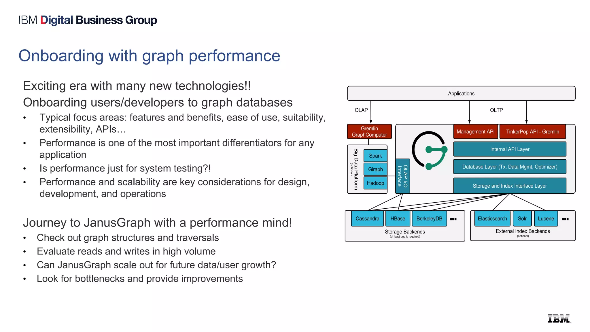 Onboarding with graph performance
Exciting era with many new technologies!!
Onboarding users/developers to graph databases
• Typical focus areas: features and benefits, ease of use, suitability,
extensibility, APIs…
• Performance is one of the most important differentiators for any
application
• Is performance just for system testing?!
• Performance and scalability are key considerations for design,
development, and operations
Journey to JanusGraph with a performance mind!
• Check out graph structures and traversals
• Evaluate reads and writes in high volume
• Can JanusGraph scale out for future data/user growth?
• Look for bottlenecks and provide improvements
 