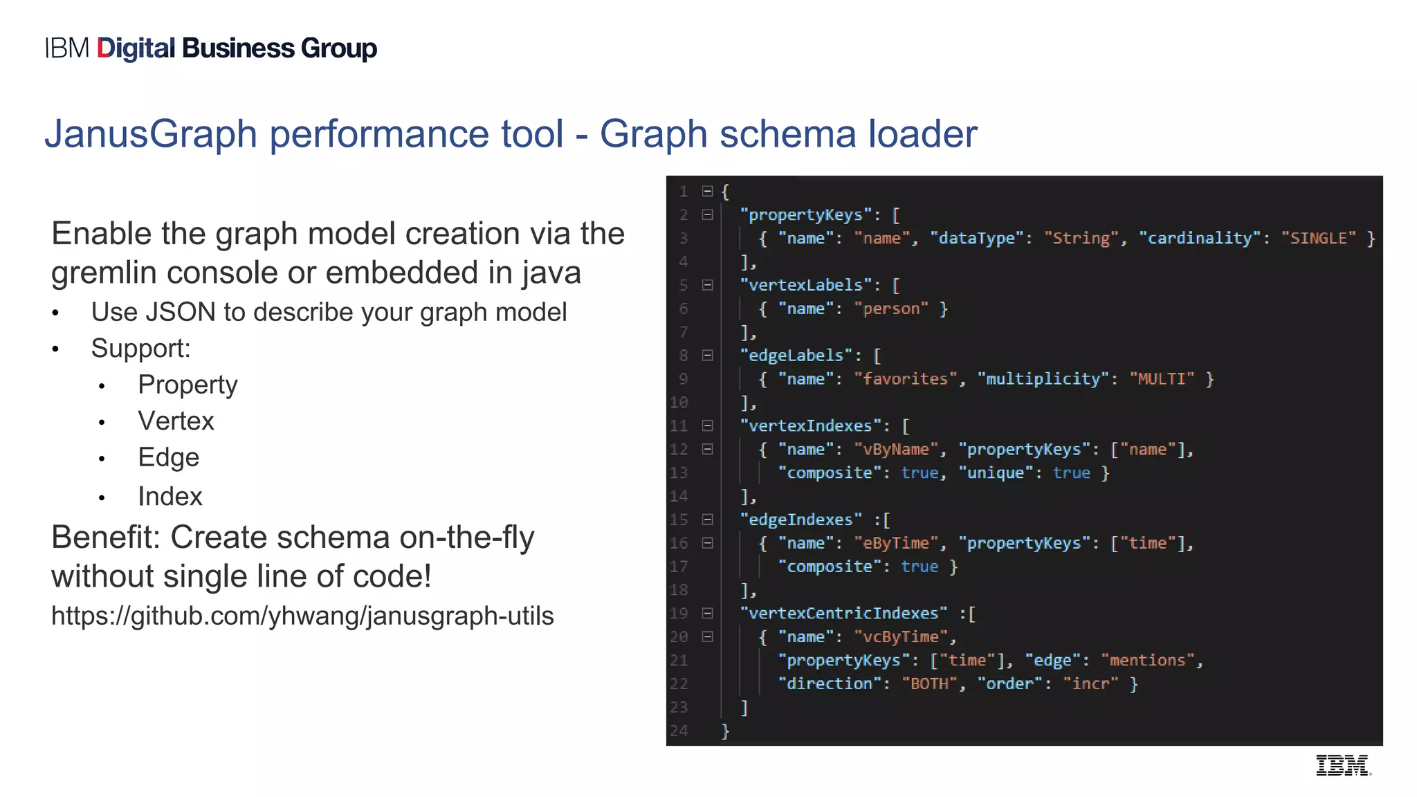JanusGraph performance tool - Graph schema loader
Enable the graph model creation via the
gremlin console or embedded in java
• Use JSON to describe your graph model
• Support:
• Property
• Vertex
• Edge
• Index
Benefit: Create schema on-the-fly
without single line of code!
https://github.com/yhwang/janusgraph-utils
 