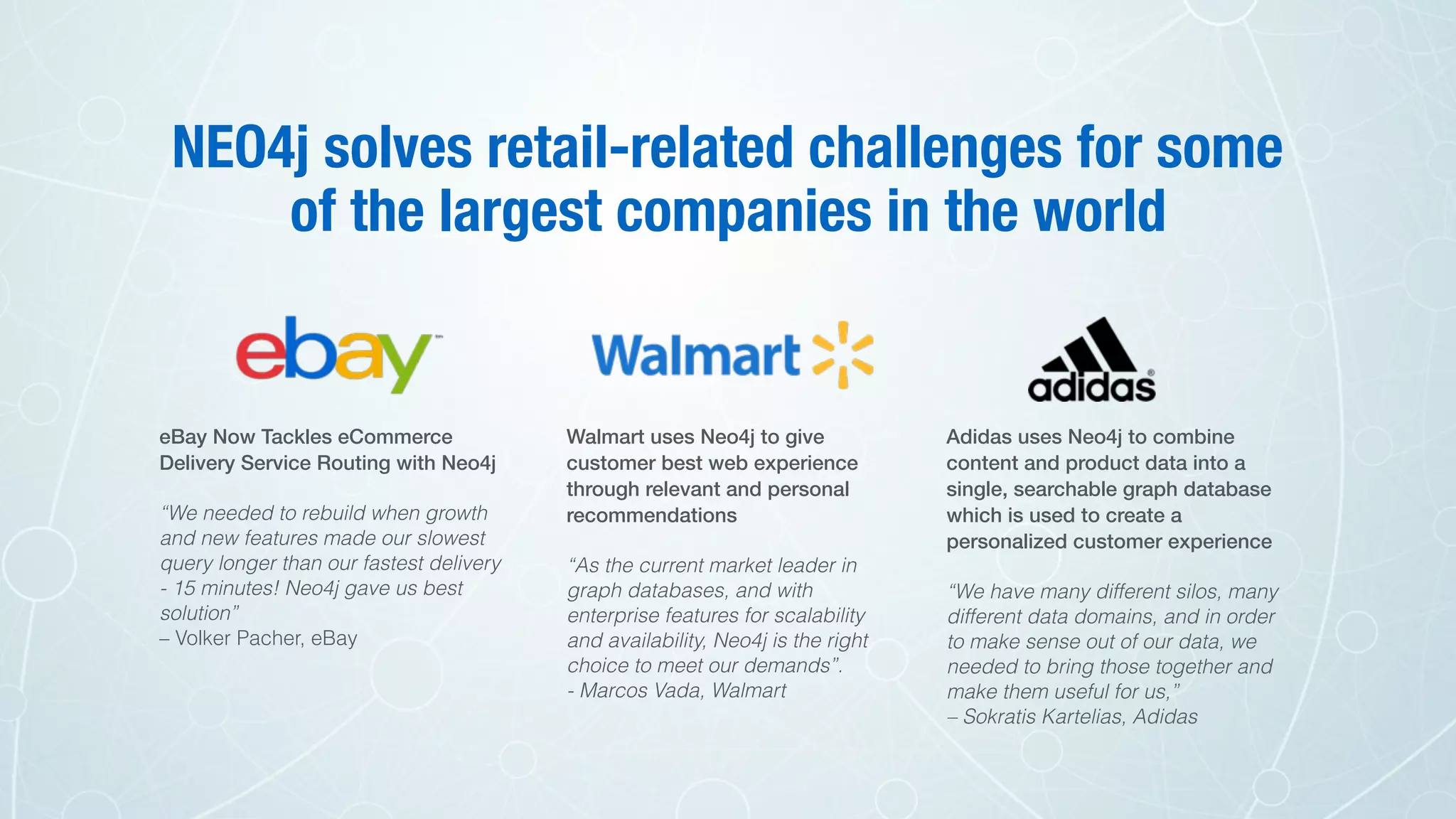 NEO4j solves retail-related challenges for some
of the largest companies in the world
Adidas uses Neo4j to combine
content and product data into a
single, searchable graph database
which is used to create a
personalized customer experience
“We have many different silos, many
different data domains, and in order
to make sense out of our data, we
needed to bring those together and
make them useful for us,”  
– Sokratis Kartelias, Adidas
eBay Now Tackles eCommerce
Delivery Service Routing with Neo4j
“We needed to rebuild when growth
and new features made our slowest
query longer than our fastest delivery
- 15 minutes! Neo4j gave us best
solution”  
– Volker Pacher, eBay
Walmart uses Neo4j to give
customer best web experience
through relevant and personal
recommendations
“As the current market leader in
graph databases, and with
enterprise features for scalability
and availability, Neo4j is the right
choice to meet our demands”.  
- Marcos Vada, Walmart
 
