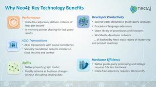 Why Neo4j: Key Technology Benefits
ACID Transactions
• ACID transactions with causal consistency
• Security Foundation delivers enterprise-
class security and control
Hardware Efficiency
• Native graph query processing and storage
requires 10x less hardware
• Index-free adjacency requires 10x less CPU
Agility
• Native property graph model
• Modify schema as business changes
without disrupting existing data
Developer Productivity
• Easy to learn, declarative graph query language
• Procedural language extensions
• Open library of procedures and functions
• Worldwide developer network
… all backed by Neo’s track record of leadership
and product roadmap
Performance
• Index-free adjacency delivers millions of
hops per second
• In-memory pointer chasing for fast query
results
 