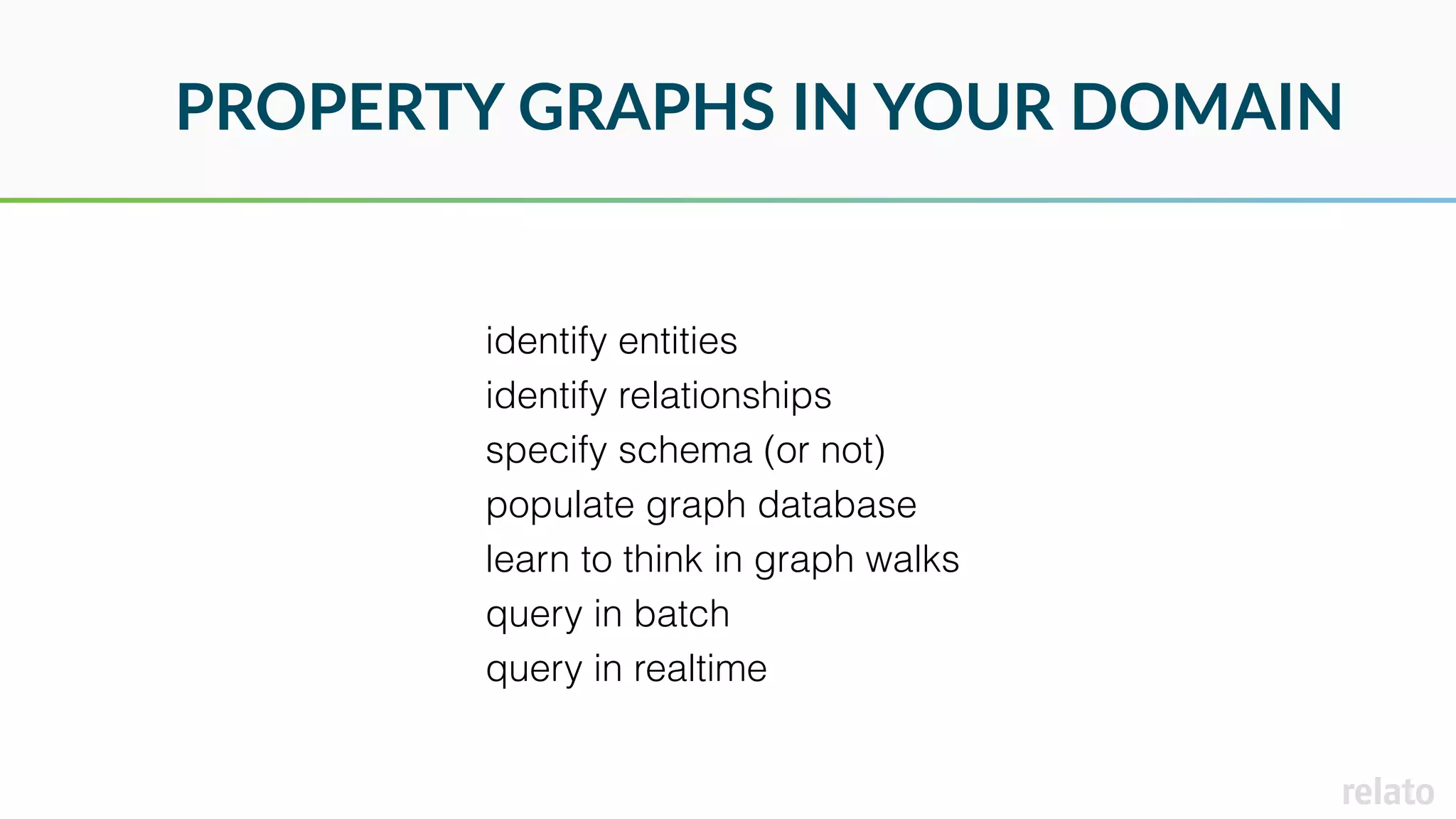 PROPERTY GRAPHS IN YOUR DOMAIN
identify entities
identify relationships
specify schema (or not)
populate graph database
learn to think in graph walks
query in batch
query in realtime
 