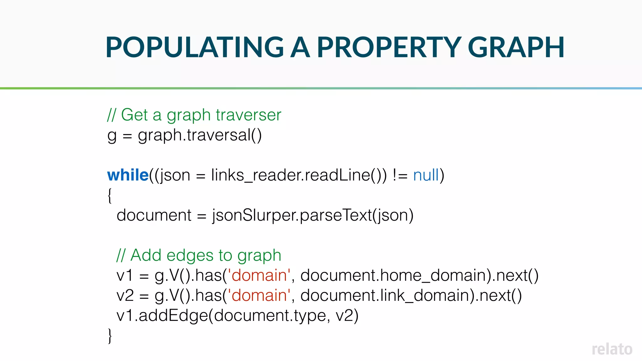 POPULATING A PROPERTY GRAPH
// Get a graph traverser
g = graph.traversal()
while((json = links_reader.readLine()) != null)
{
document = jsonSlurper.parseText(json)
// Add edges to graph
v1 = g.V().has('domain', document.home_domain).next()
v2 = g.V().has('domain', document.link_domain).next()
v1.addEdge(document.type, v2)
}
 
