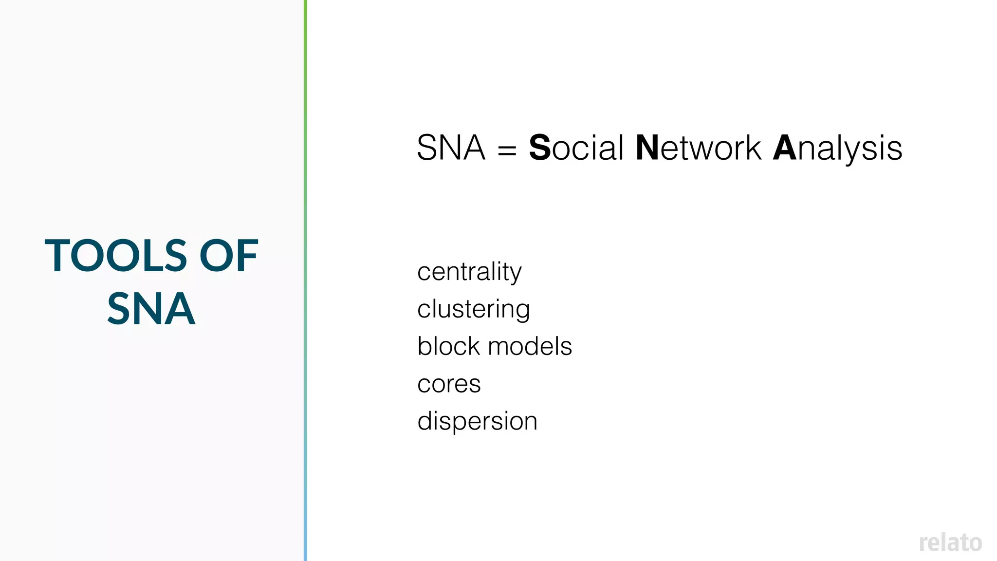 TOOLS OF
SNA
SNA = Social Network Analysis
centrality
clustering
block models
cores
dispersion
 