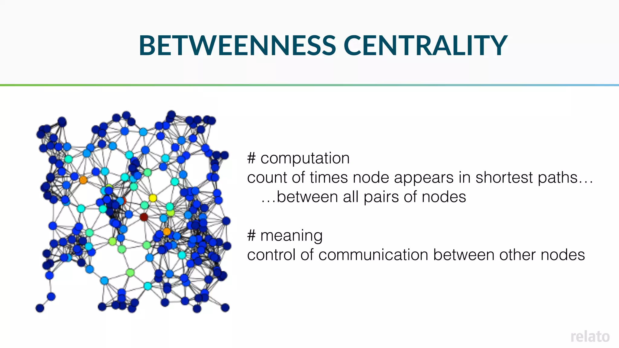 BETWEENNESS CENTRALITY
# computation
count of times node appears in shortest paths…
…between all pairs of nodes
# meaning
control of communication between other nodes
 