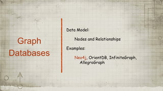 Graph
Databases
Data Model:
Nodes and Relationships
Examples:
Neo4j, OrientDB, InfiniteGraph,
AllegroGraph
 